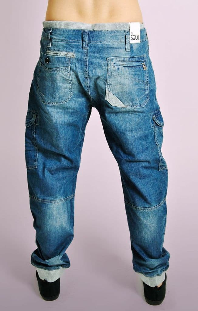 Blue Denim Jeans with Grey Ribbed Waistband & Cuffs